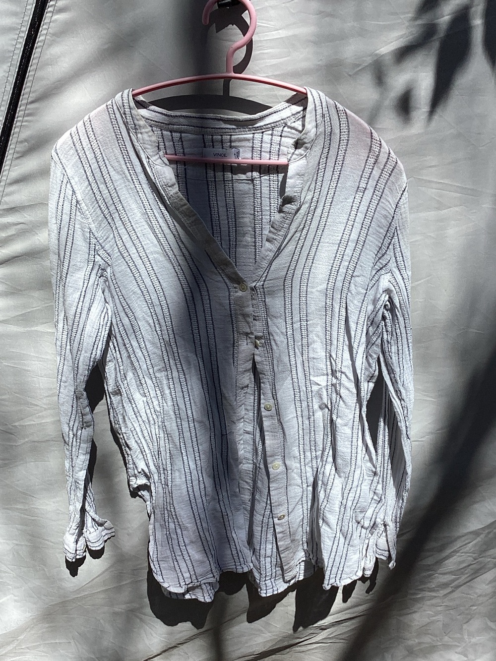 Vince White Button-Down Shirt with Navy Vertical Stripes